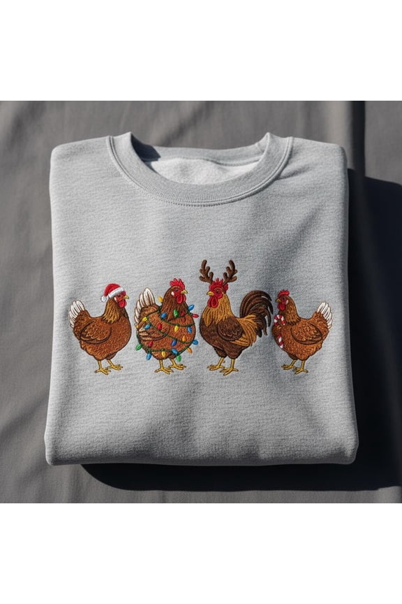 Christmas Rooster and Hens Embroidered Sweatshirt, Funny Chicken Xmas Sweater, Farm Bird Pullover, Rooster Christmas Gift for Farmer
