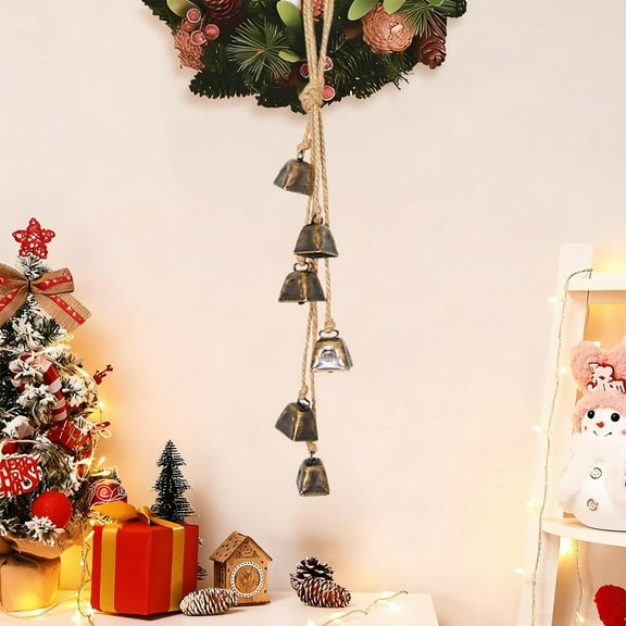 Christmas Rope-Hung Metal Trumpet Bell Decoration - Shabby Style Straight-Edge Small Square Bell String, 1 Piece for Christmas Tree & Home Decor, N