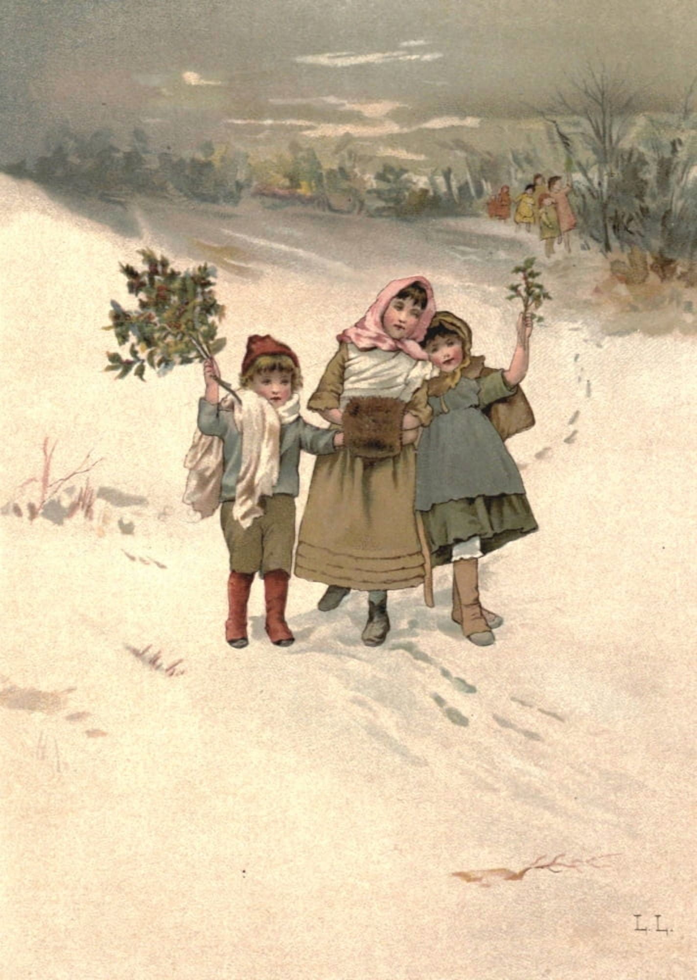 Christmas Roses 1886 Children in Snow Canvas Art - Lizzie Mack (24 x 36)
