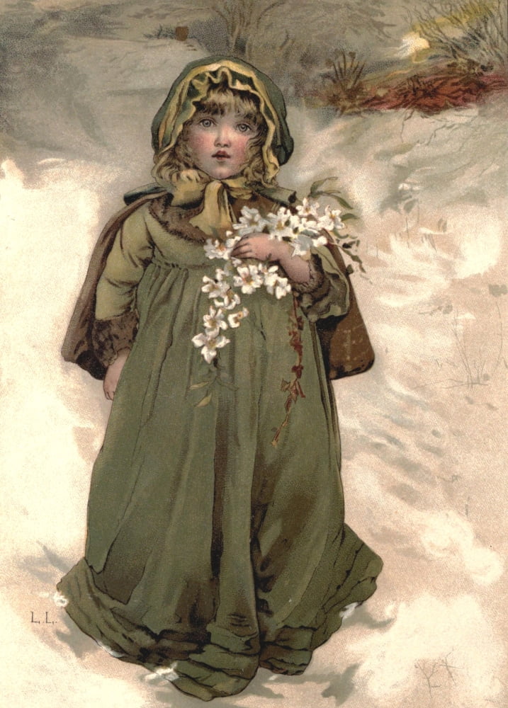 Christmas Roses 1886 Girl in Snow Canvas Art - Lizzie Mack (18 x 24)