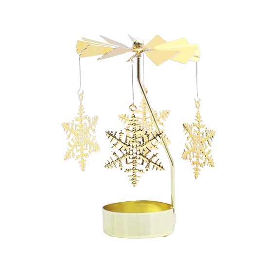Christmas Rotating Candlestick – Golden Metal Candle Holder with Spinning Tree & Snowflake Ornaments for Holiday Tabletop Decoration or Gift