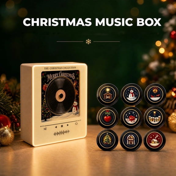 Christmas Rotating Disc Night Light Lamp with 9 Nfc Music Fridge Decorations, Cream and Black, for Holiday Home Decor, Music Box and Decoration Set