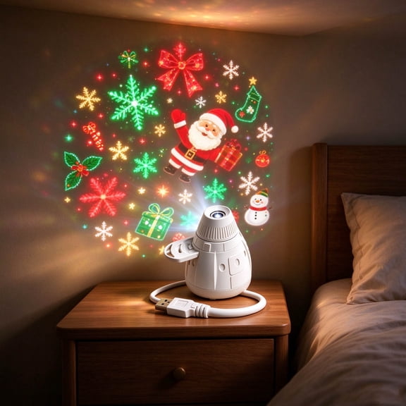 Christmas Rotating Projection Night Light, Spaceship Shaped USB LED Projector with Festive Santa, Reindeer, Snowman and Snowflake Patterns for Bedroom Ceiling, Wall