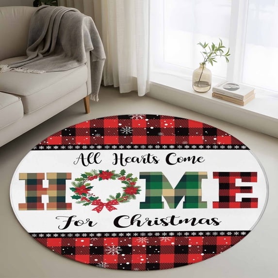 Christmas Round Area Rug 3.3Ft Washable Circle Rugs for Dining Room Table, Winter Poinsettia Snowflakes Red Black Plaid Non-Slip Carpet Floor Mats Indoor Outdoor Carpet Runner Aesthetic Home Decor
