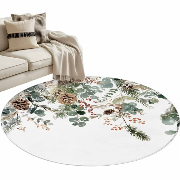 Christmas Round Area Rug 3 FT, Small Kitchen Bathroom Mat, Xmas Botanical Pinecone Eucalyptus Leaves Washable Indoor Outdoor Throw Runner Carpet Non-Shedding Doormat for Table Shower Sofa Entryway