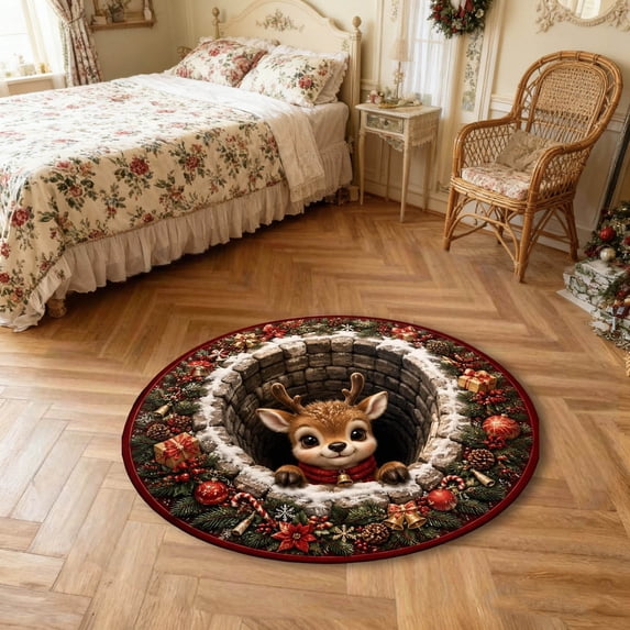 Round Rug Designs Christmas Round Area Rug 3D Optical Reindeer Circular Floor Mat Xmas ...
