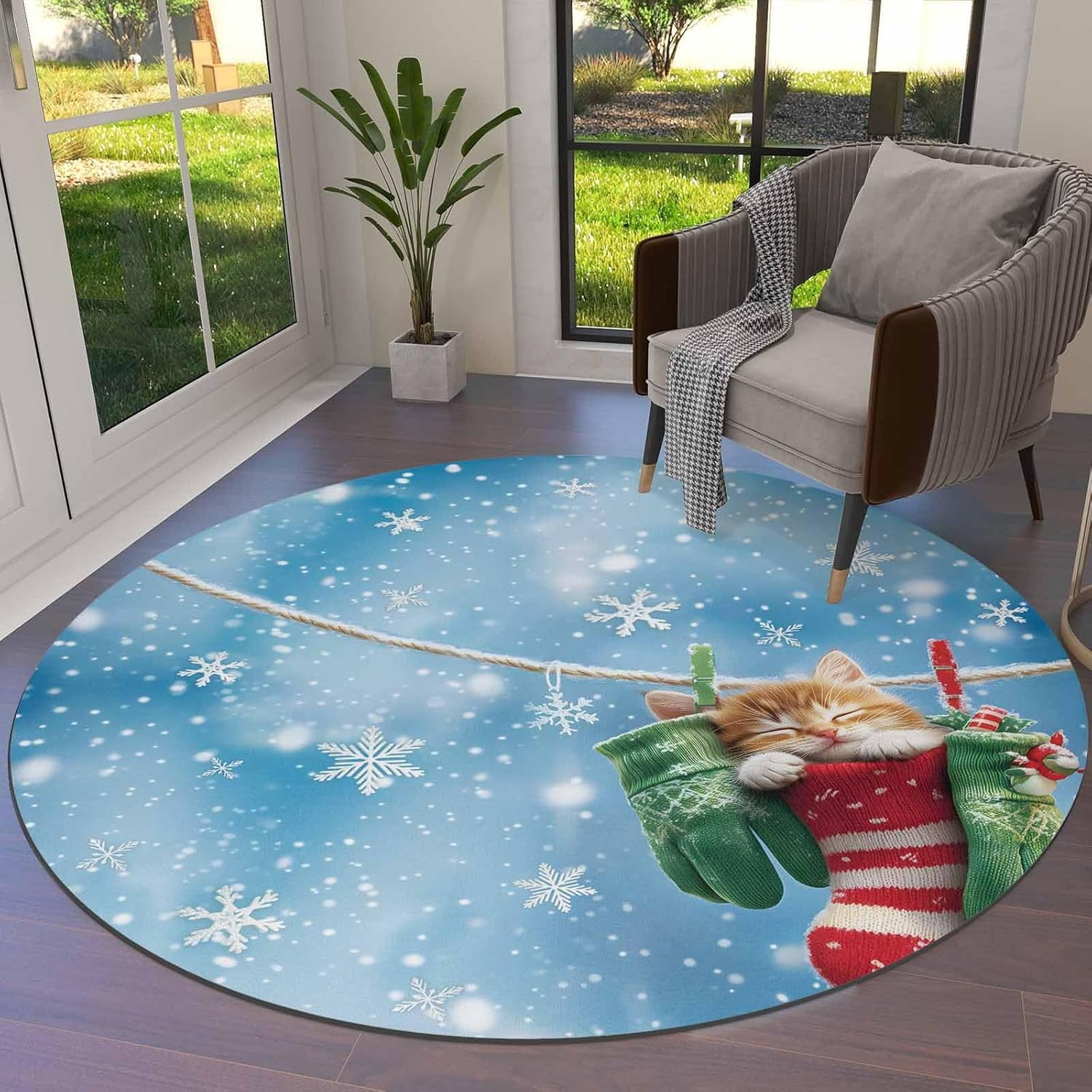 Christmas Round Area Rug 3ft Cute Cat in Christmas Stocking Floor ...