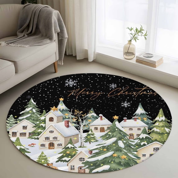 Christmas Round Area Rug 4Ft Washable Circle Rugs for Bedroom Dining Room, Winter Xmas Trees Snowflakes Country Cabin Black Non-Slip Carpet Floor Mats Indoor Outdoor Carpet Runner Home Decor