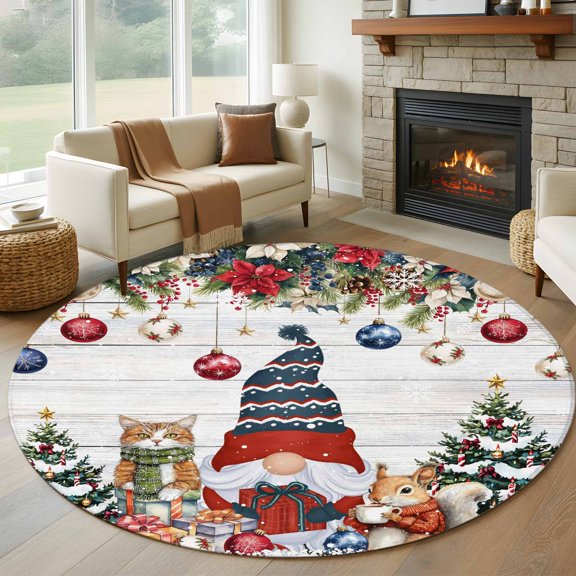 Christmas Round Area Rug 5 FT,Non Slip Bedroom Area Rug,Country Gnomes Poinsettia Snowflakes Pine Tree Washable Soft Circular Carpet Non-Shedding Floor Mat for Kitchen Dining Room Foyer Balcony Dorm