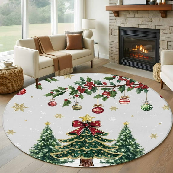 Christmas Round Area Rug 7Ft Washable Circle Rugs for Dorm Laundry Room, Winter Green Pine Trees Maple Leave Xmas Balls Non-Slip Carpet Floor Mats Indoor Outdoor Carpet Runner Aesthetic Home Decor