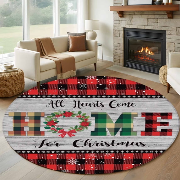 Christmas Round Area Rug 7Ft Washable Circle Rugs for Dorm Laundry Room, Winter Poinsettia Wooden Grain Red Black Plaid Non-Slip Carpet Floor Mats Indoor Outdoor Carpet Runner Aesthetic Home Decor