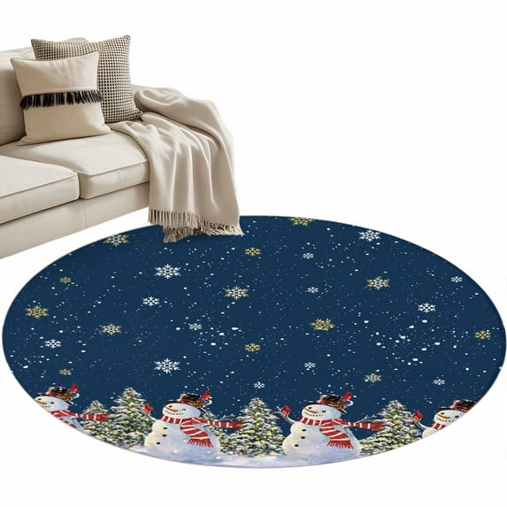 Christmas Round Area Rug 3ft Winter Xmas Snowman Pine Tree Snowflakes ...
