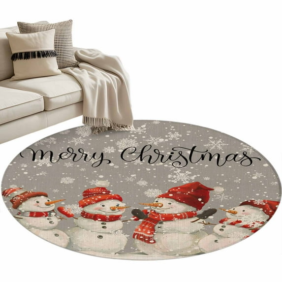 Christmas Round Area Rug 4ft Snowman Watercolor Snowflakes Hand Painted ...