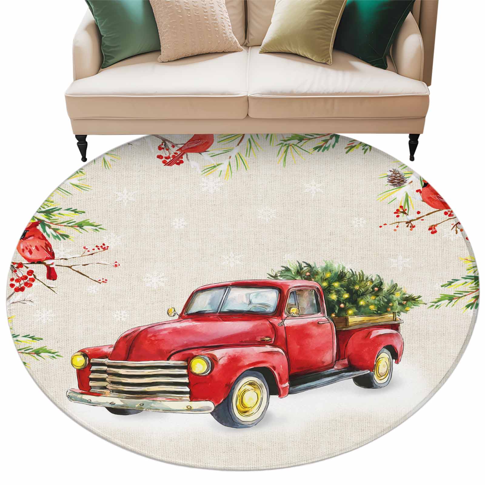 Christmas Round Area Rug 5ft Red Truck Winter Snowflakes Cardinal Bird ...