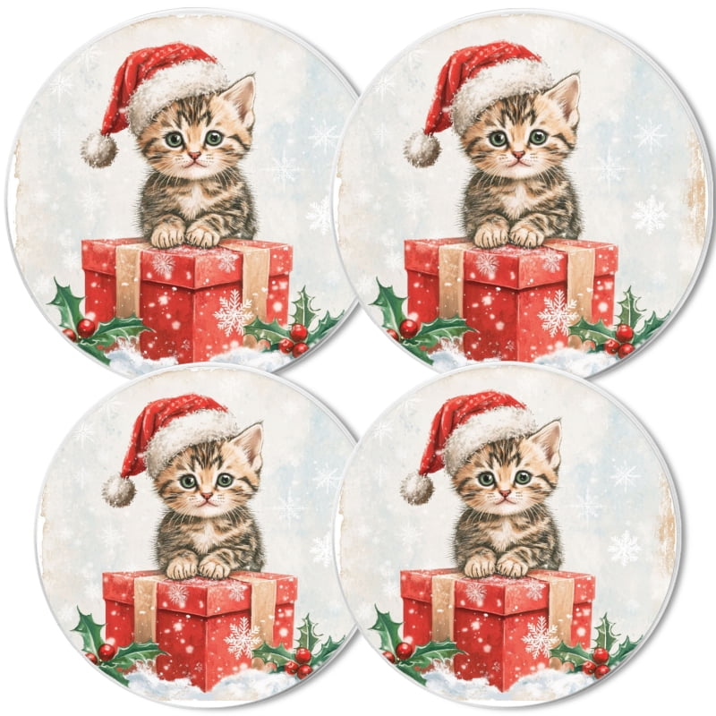 Christmas Round Burner Covers for Electric Stove, Christmas Cute Cat Red Xmas Present Metal Durable Gas Stove Burner Covers Set of 4 Range Accessories for Kitchen, 8 Inches and 10 Inches