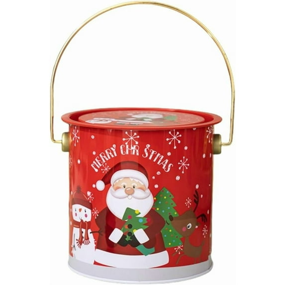 Christmas Round Christmas Cookies Bucket – Vintage Red Tin Canister with Handle and Lid, Reusable Metal Gift Tin for Holiday Cookies Decorative Countertop Storage Jar