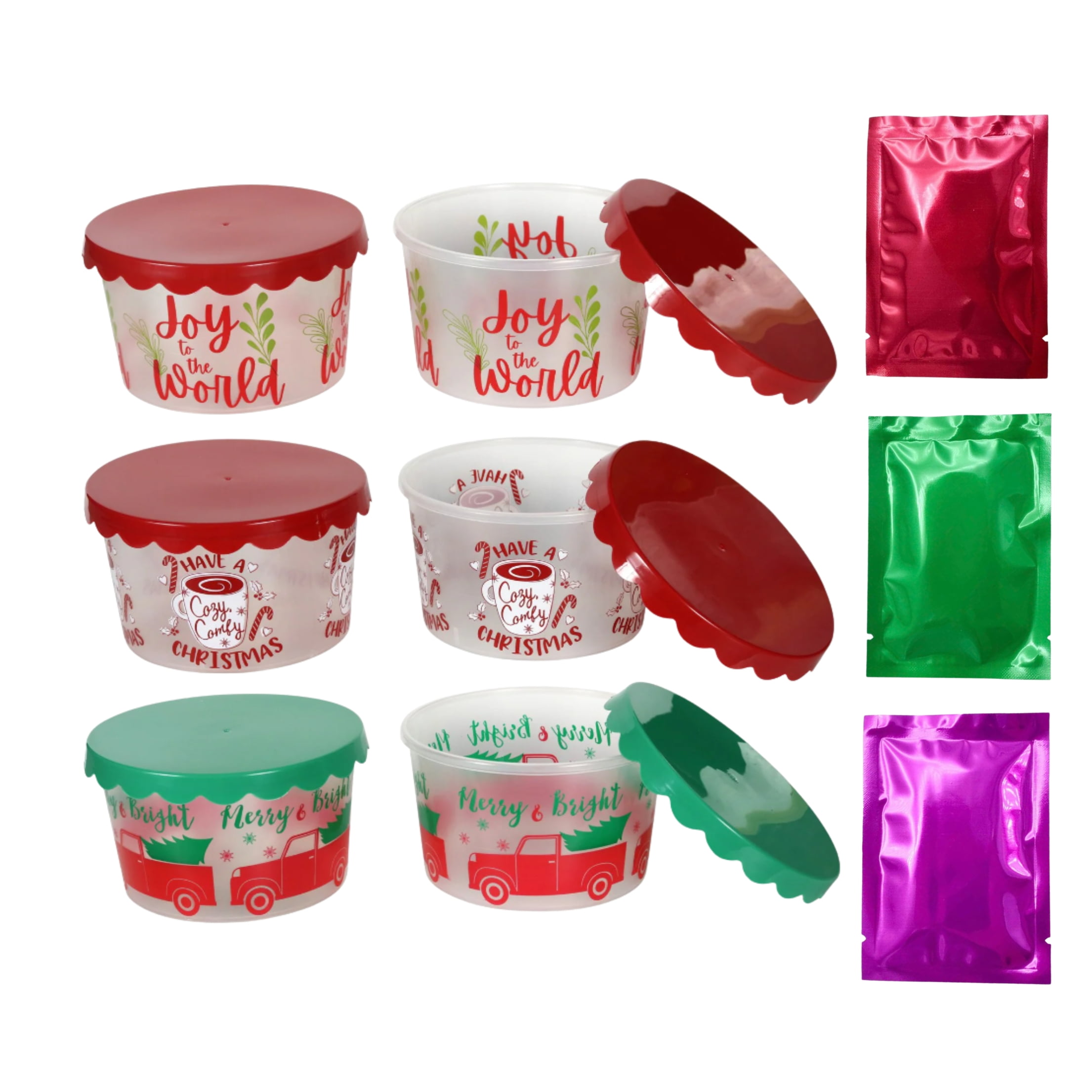 Round Christmas Containers Plastic Food Storage with Lids Joy to the World  Printed Tubs for Cookies Candies Gift Canister Party Favor Xmas Home Table