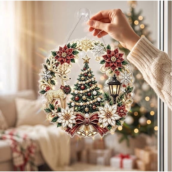 Christmas Round Diamond‑Painting Hanging Ornament,Christmas Tree & Poinsettia Diamond Painting Ornament - DIY Window Hanging Craft for Fireplace & Home Decor