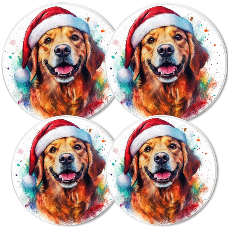 Christmas Round Electric Stove Burner Covers, Christmas Colorful Golden Retriever in Santa hat 4Pcs Top Covers for Electric Stove Burner for Kitchen Decoration, 8 Inches and 10 Inches