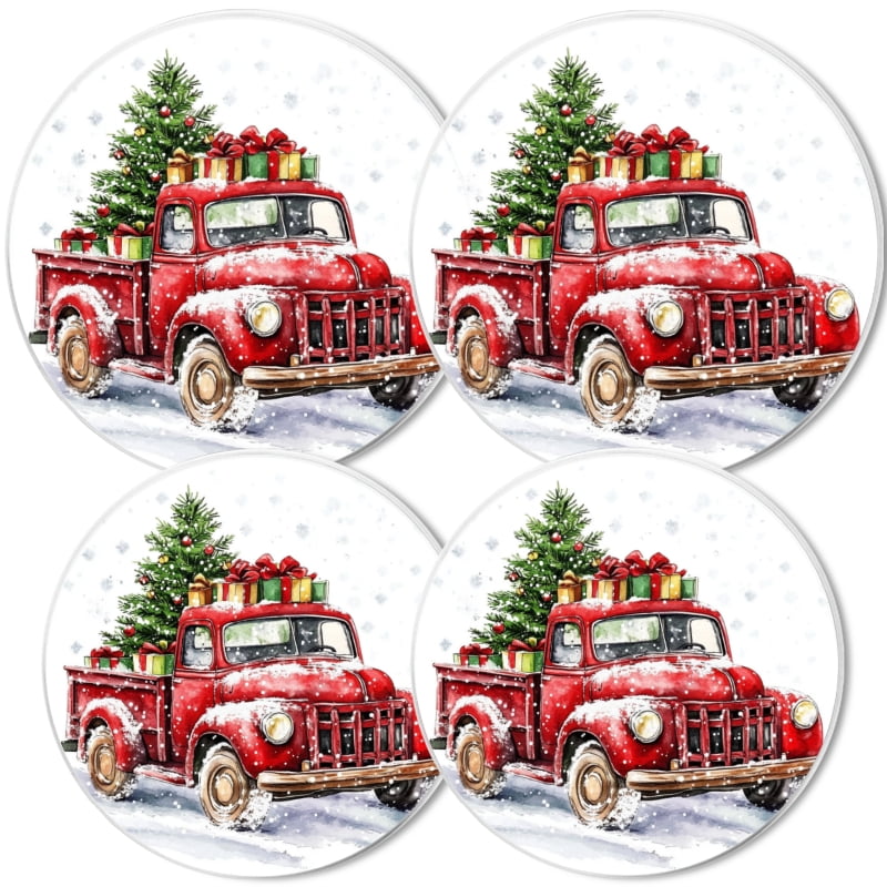 Christmas Round Electric Stove Burner Covers, Christmas Watercolor Red Truck with Presents 4Pcs Top Covers for Electric Stove Burner for Kitchen Holiday Decoration, 8 Inches and 10 Inches