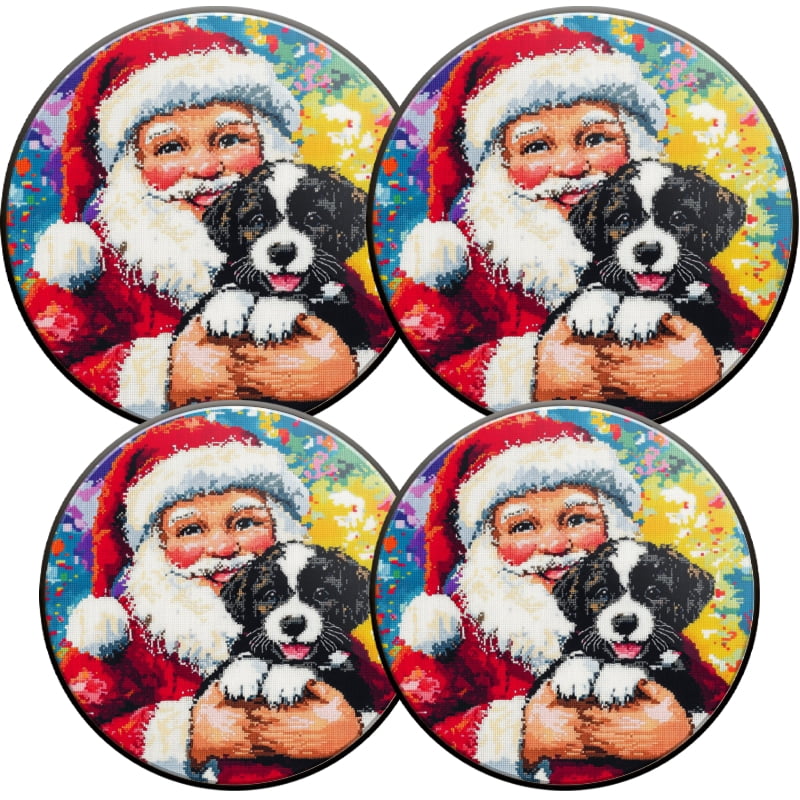 Christmas Round Electric Stove Burner Covers, Santa Claus with Cute Puppy Christmas Decorative Metal Gas Stove Burner Covers Set of 4 for Kitchen Holiday, 8 Inches and 10 Inches