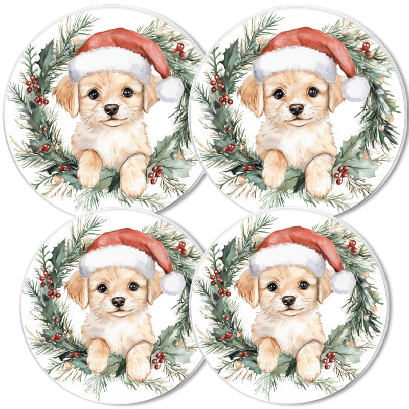 Christmas Round Electric Stove/Range Burner Cover, Christmas Wreath Cute Dog Mental Durable Gas Stove Burner Covers Conceals Messy Drip Pans Set of 4 for Kitchen, 8 Inches and 10 Inches