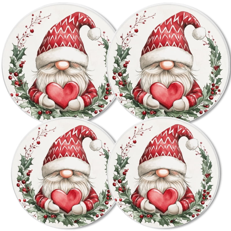 Christmas Round Electric Stove/Range Burner Cover, Red Hat Gnome with Heart Mental Durable Gas Stove Burner Covers Conceals Messy Drip Pans Set of 4 for Kitchen, 8 Inches and 10 Inches