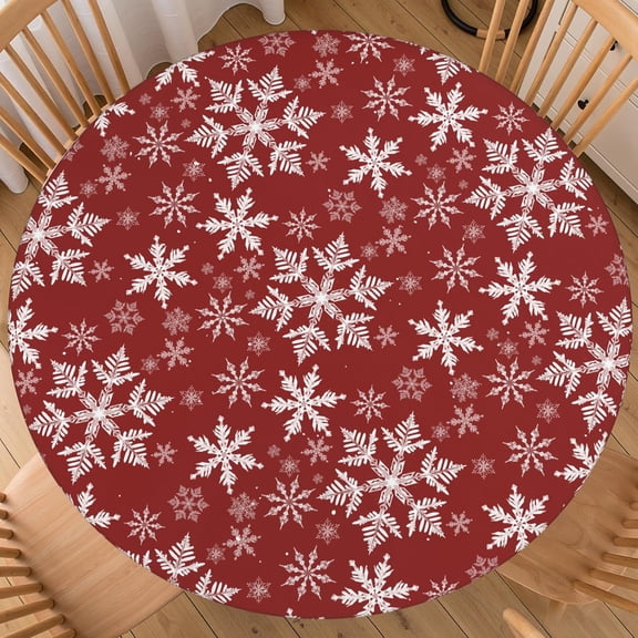Christmas Round Fitted Tablecloth Best for 36"-40" Xmas Snowflake Table Cloth Elastic Edge Waterproof Stain Resistant Washable Holiday White Red Table Cover for Party Picnic Indoor Decor
