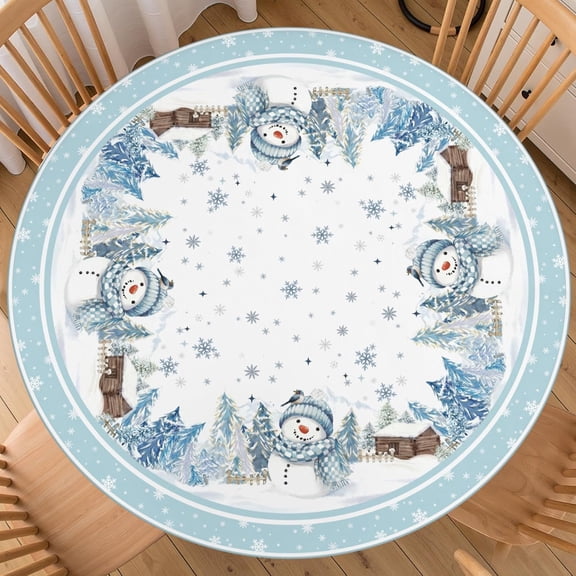 Christmas Round Fitted Tablecloth Best for 36"-40" Xmas Snowflakes Table Cloth Elastic Edge Round Water-Resistant Washable Red Snowman Table Cover for Party Picnic Camping Outdoor Indoor Decor
