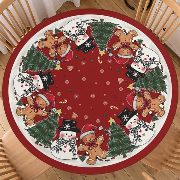 Christmas Round Fitted Tablecloth Best for 40"-44" Xmas Cute Gingerbread Man Table Cloth Red Elastic Edge Water-Resistant Washable Snowman Table Cover Tree for Party Picnic Camping Indoor Decor