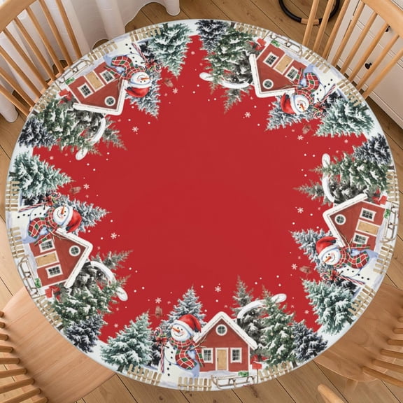 Christmas Round Fitted Tablecloth Best for 40"-44" Xmas Snowman Table Cloth Elastic Edge Round Water-Resistant Washable Red House Table Cover for Party Picnic Camping Outdoor Indoor Decor