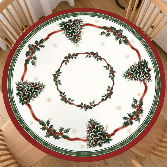 Christmas Round Fitted Tablecloth with Elastic Edge 40-44 Inch Winter Holly Table Cover Snowflake Tablecloth Washable Xmas Tree Table Cloth for Kitchen Dining Party Patio Picnic