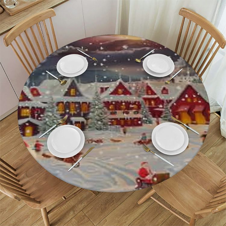 Christmas Round Fitted Tablecloth with Elastic Edge, Tree Table Cover