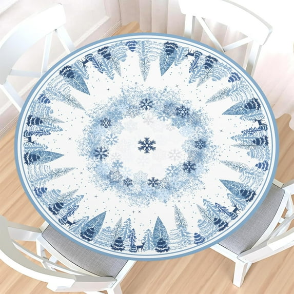 Christmas Round Fitted Tablecloth with Elastic Edge,Water-Resistant Wipeable Blue White Winter Xmas Tree Forest Snowflake Table Cover for 44-48" Stretch Table Cloth for Dinner Indoor Outdoor Party