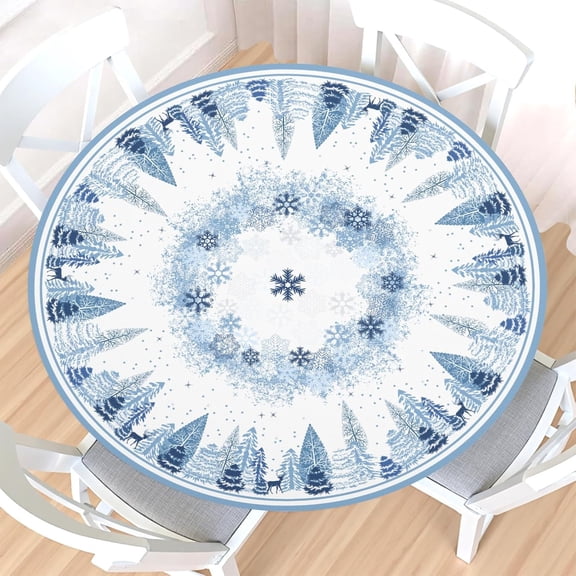Christmas Round Fitted Tablecloth with Elastic Edge,Water-Resistant Wipeable Blue White Winter Xmas Tree Forest Snowflake Table Cover for 48-52" Stretch Table Cloth for Dinner Indoor Outdoor Party