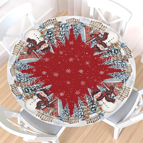 Christmas Round Fitted Tablecloth with Elastic Edge,Water-Resistant Wipeable Red Xmas Winter Snowman Snowflake Blue Trees Table Cover for 40-44" Stretch Table Cloth for Dinner Indoor Outdoor Party