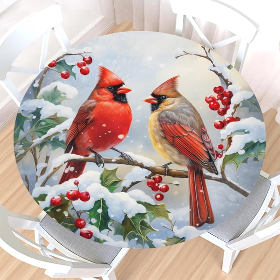 Christmas Round Fitted Tablecloth with Elastic Edge,Water-Resistant Wipeable Winter Red Bird Xmas Cardinal Bird Berries Table Cover for 40-44" Stretch Table Cloth for Dinner Indoor Outdoor Party