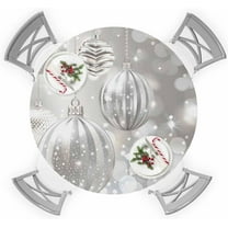 Christmas Round Fitted Tablecloth with Elastic Silver Xmas Ball Tablecloths Snowflakes Table Cover for Kitchen Dinner Xmas Holiday Party Decor Fits Tables up to 36"- 44" Diameter