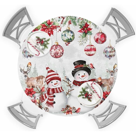 Christmas Round Fitted Tablecloth with Elastic Snowman Tablecloths Christmas Balls Deer Holly Poinsettia Table Cover for Kitchen Dinner Xmas Holiday Party Picnic Fits Tables up to 36"- 44" Diameter
