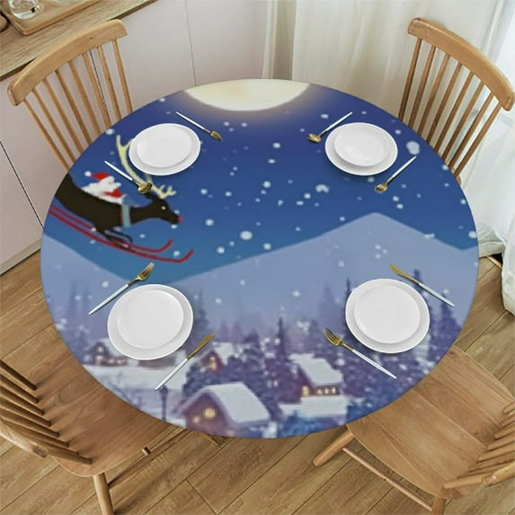 Christmas Round Fitted Tablecloth, Moon Elastic Edge Table Cover Wipeable Round Table Cloth for Indoor Outdoor Use Fits Tables
