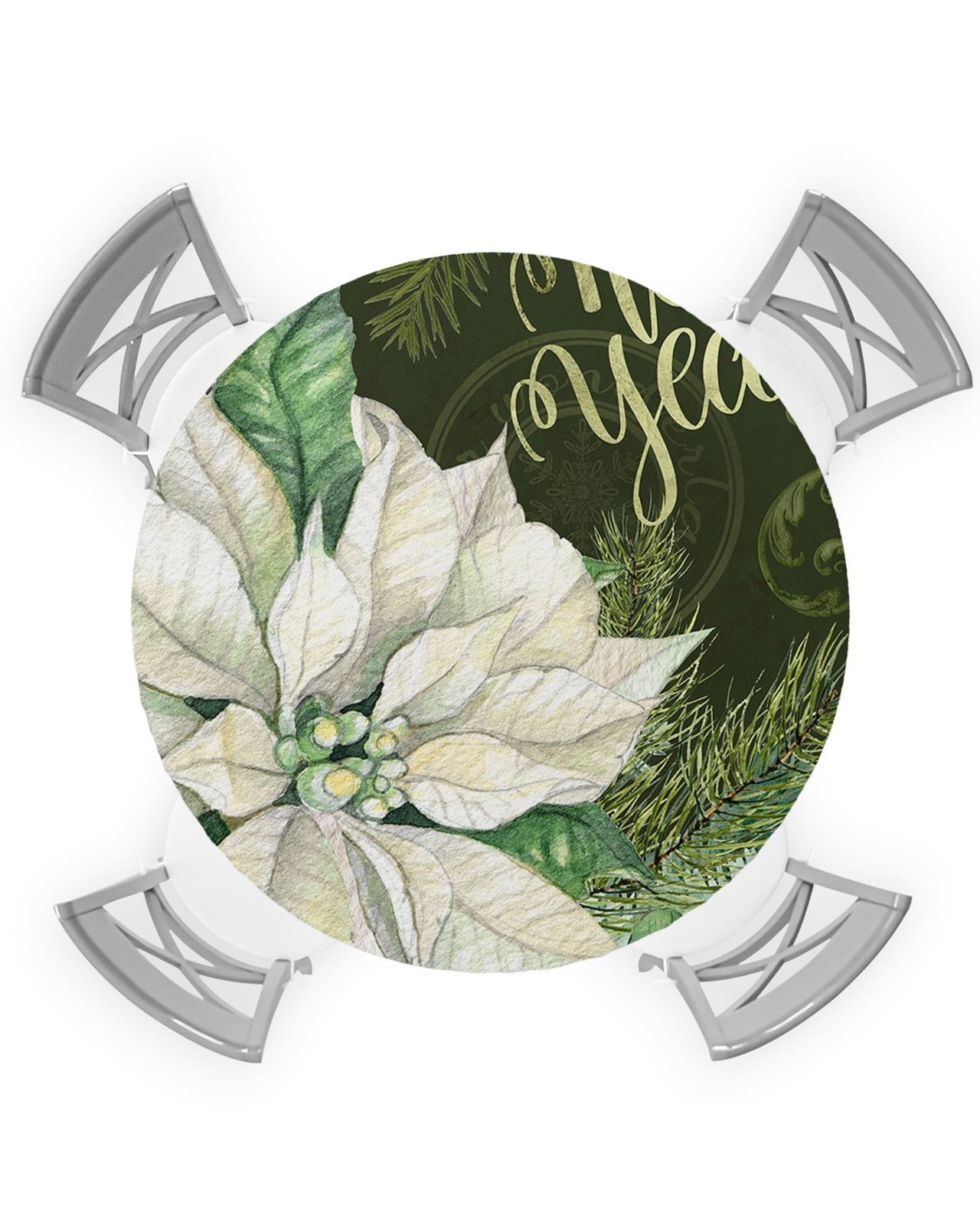 Christmas Round Fitted Tablecloths Table Cover, Xmas White Poinsettia
