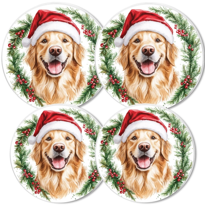 Christmas Round Gas Stove Burner Covers, Christmas Green Wreath Cute Dog Mental Durable Gas Stove Burner Covers Set of 4 for Kitchen Xmas Decor, 8 Inches and 10 Inches