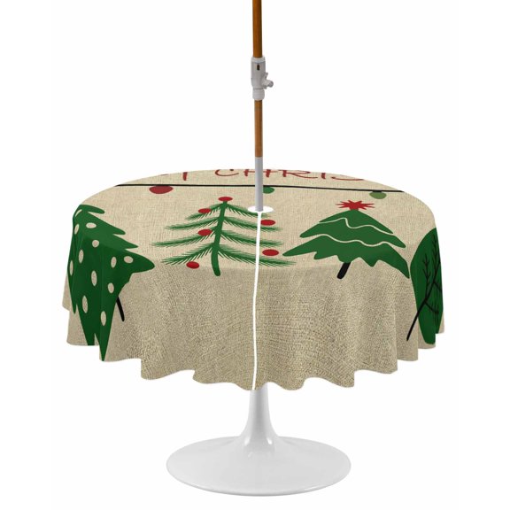 Christmas Round Outdoor Tablecloth, Waterproof Table Cloth Cover with Umbrella Hole and Zipper, Farmhouse Retro Winter Xmas Green Pine Trees Table Protector for Patio Party Picnic 54" Round