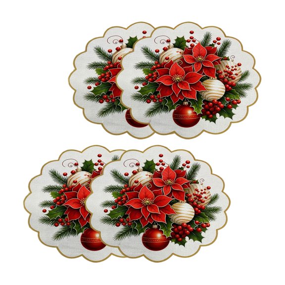 Christmas Round Placemats, Festive Linen Table Mats, Frame Individual Place Settings for Winter Meals and Seasonal Dinner Parties, Printed Fabric with Holiday Botanical and Tree Motifs