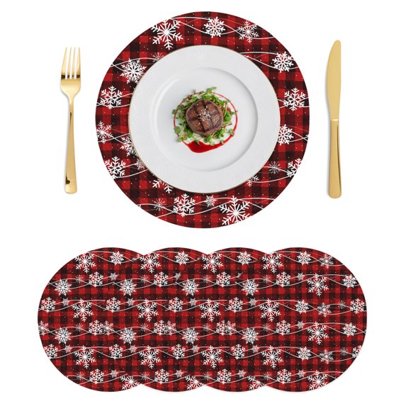 Christmas Round Placemats Set of 4, Braided Polypropylene Place Mats, Black Red Buffalo Plaid Winter Xmas Snowflake Washable Table Mats for Kitchen Dinner Holiday Wedding Party Coffee Table Decor 13"