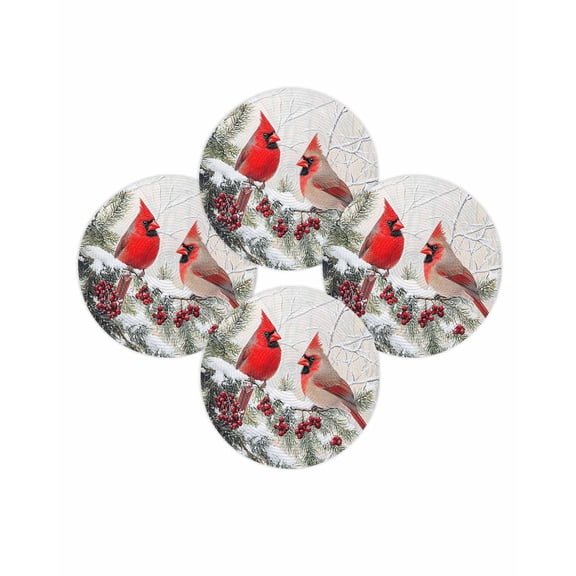 Christmas Round Placemats Set of 4 Cardinal Bird Place Mats Washable Woven Placemat Berry Snowflake Pine Branch Circle Braided Table Mat for Kitchen Dining Table Party Home Decor 15 Inch