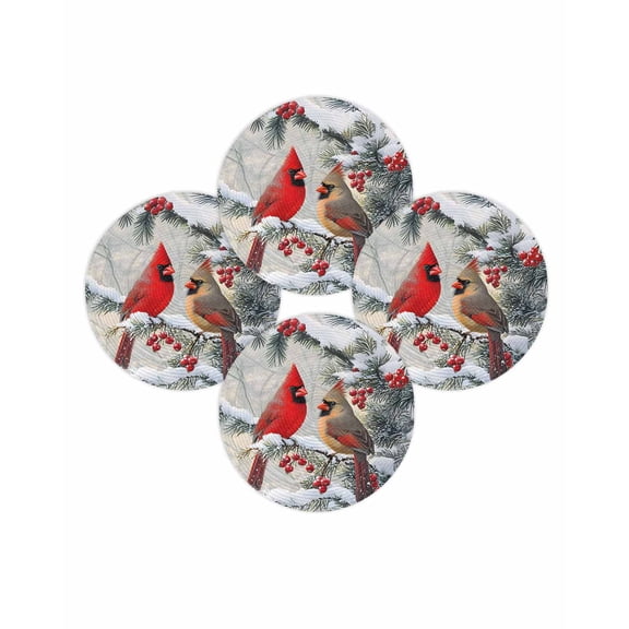 Christmas Round Placemats Set of 4 Cardinal Bird Place Mats Washable Woven Placemat Berry Snowflake Pine Branches Circle Braided Table Mat for Kitchen Dining Table Party Home Decor 15 Inch
