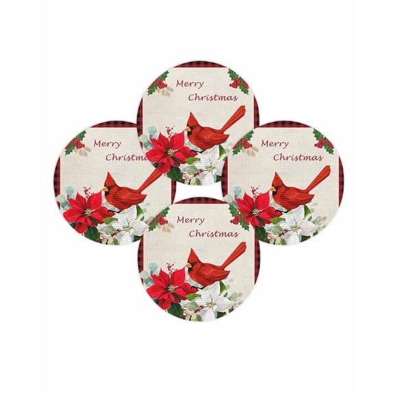 Christmas Round Placemats Set of 4 Cardinal Bird Place Mats Washable Woven Placemat Poinsettia Flower Berry Linen Plaid Circle Braided Table Mat for Kitchen Dining Table Party Home Decor 15 Inch