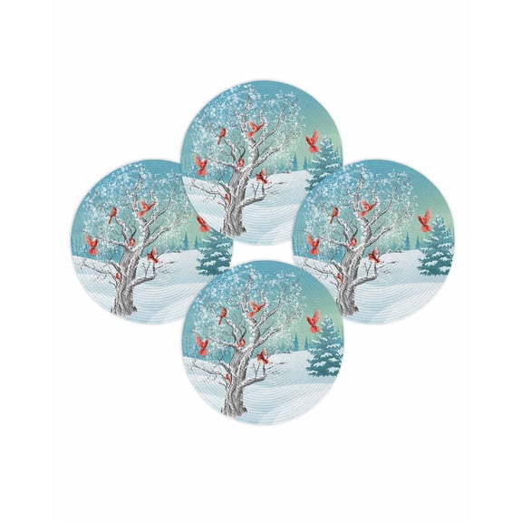 Christmas Round Placemats Set of 4 Cardinal Bird Place Mats Washable Woven Placemat Xmas Tree Winter Snow Circle Braided Table Mat for Kitchen Dining Table Party Home Decor 15 Inch