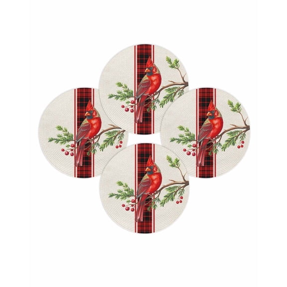 Christmas Round Placemats Set of 4 Cardinal Bird Place Mats Woven Placemat Berry Pine Branch Red Buffalo Plaid Stripe Circle Braided Table Mat for Kitchen Dining Table Party Home Decor 15 Inch